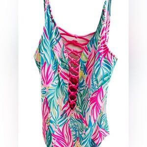 Lilly Pulitzer Pink & Teal Lace-Up Tropical One-Piece Swimsuit 6 EUC